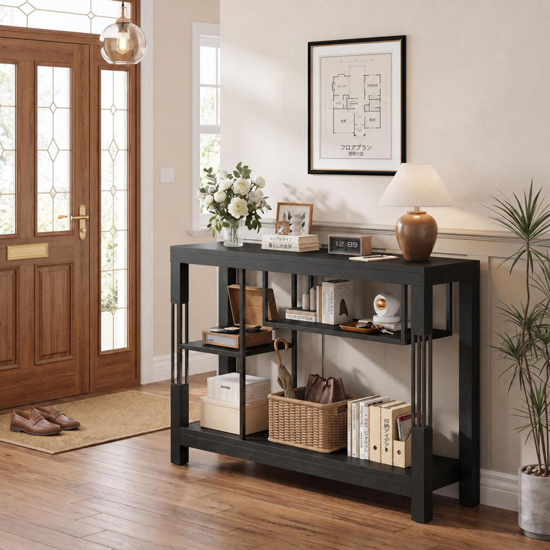 Console étroite de style industriel et champêtre, étagères de rangement ouvertes à plusieurs niveaux pour petits espaces