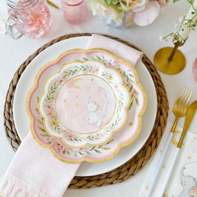 Douche pour bébé éléphant 7 po Assiettes en papier de qualité supérieure - rose (ensemble de 16)