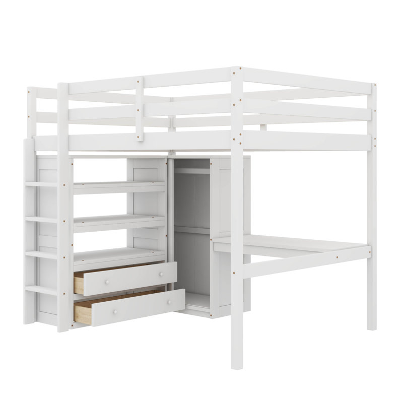 Lit mezzanine double de taille double avec étagère de garde-robe intégrée et système de rangement à tiroirs, Blanc