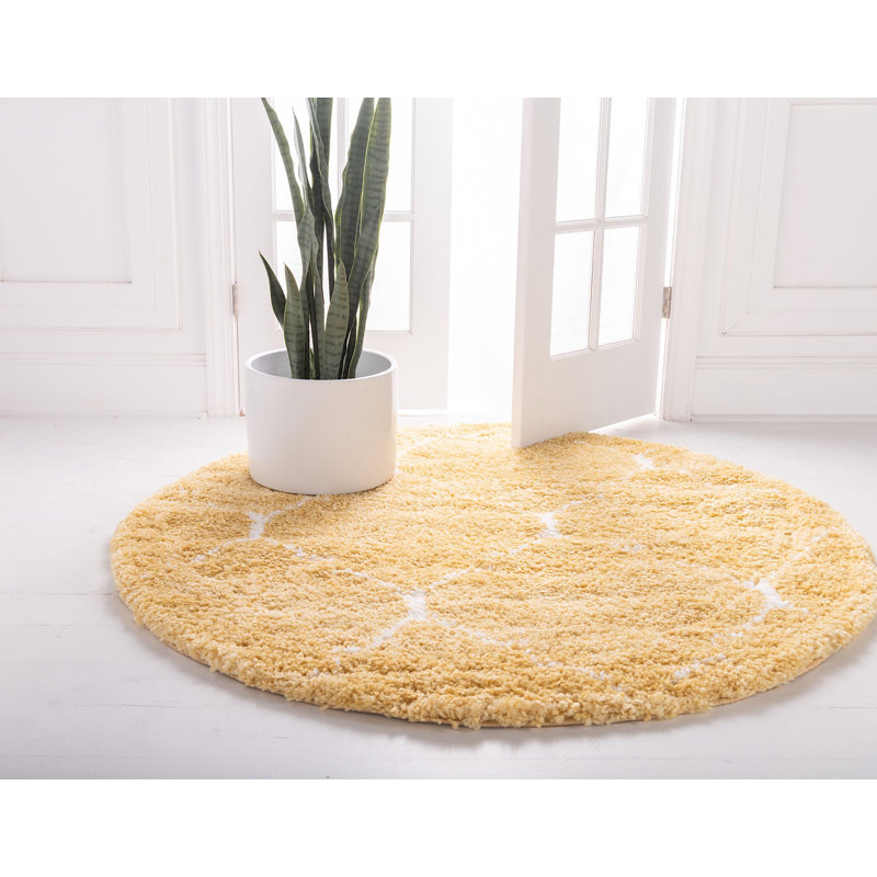 Tapis jaune à poils longs Danita Rabat, Rond 8 pi