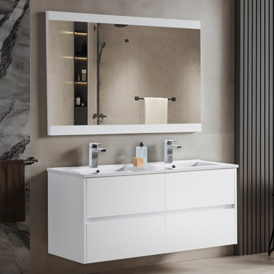 48" Floating Double Sink Bathroom Vanity with Mirror – Wall-Mounted Wood Cabinet with Ceramic Top & Soft-Close Drawers