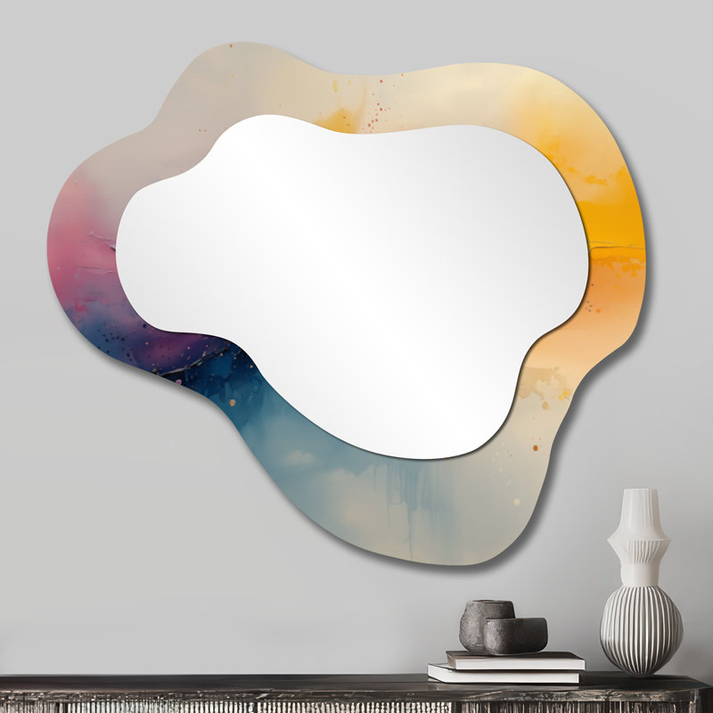 Dream Yellow Blue Coastal Waves Turbulence I - Drip Painting Asymmetrical Wall Mirror, Modern Vanity Mirror, Printed on Metal