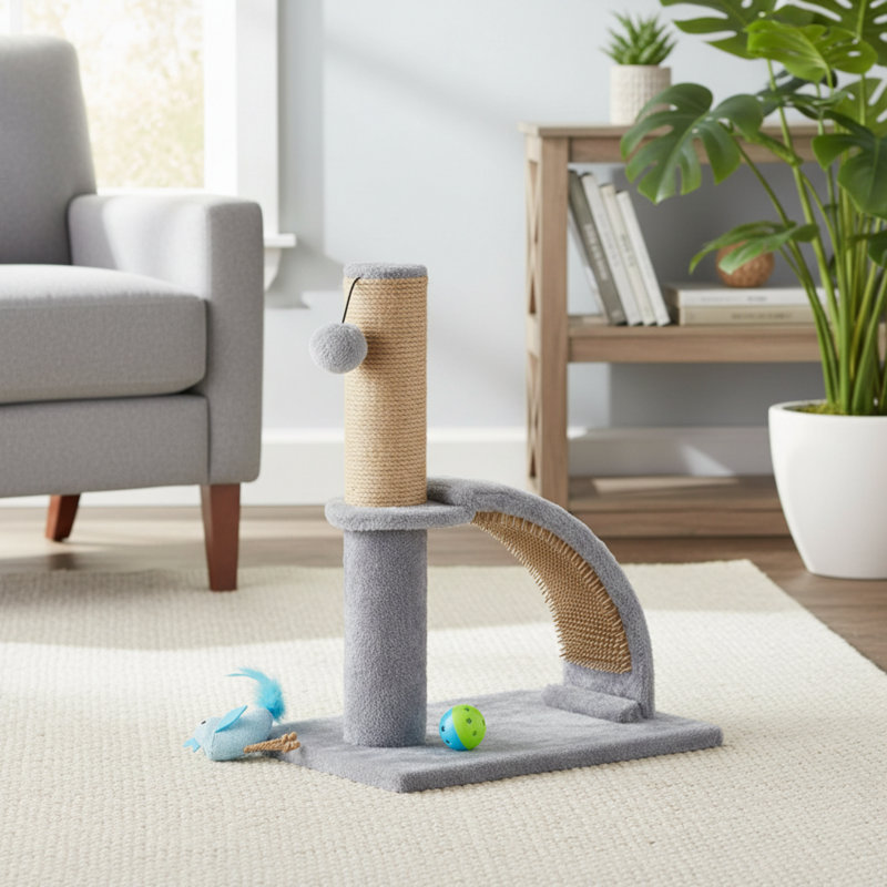 Grattoir pour chat en jute de qualité supérieure, équipé d'un masseur arqué, texture gris doux, paquet unique.