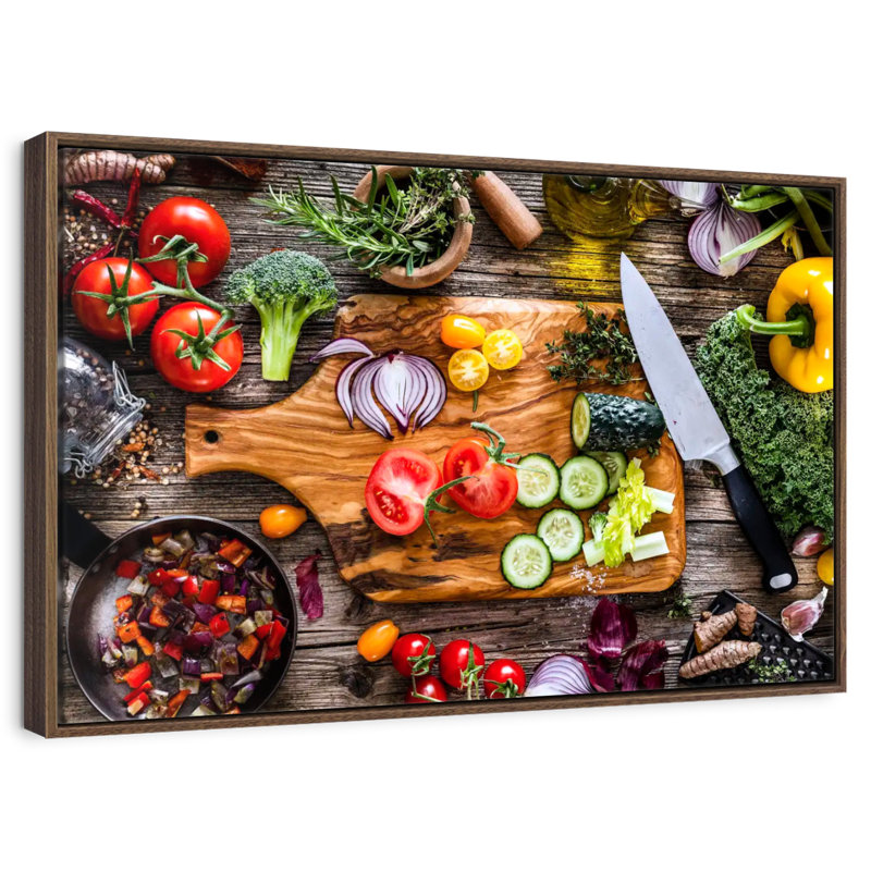 Légumes, ingrédients frais, 46 po x 31 po, Cadre flottant en noyer