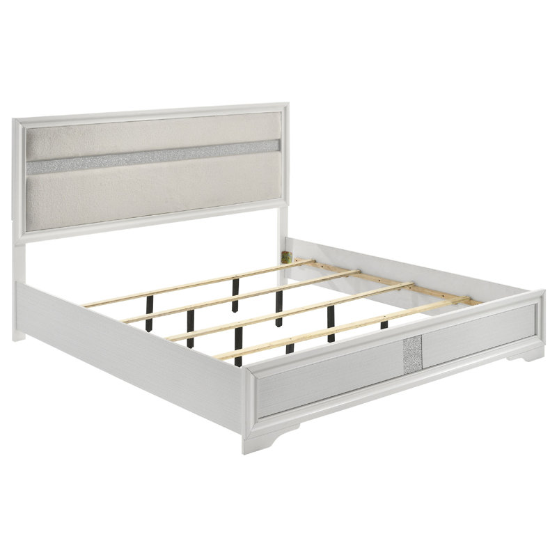 Ensemble de très grand lit 5 pièces avec commodes, miroir, paillettes Vino White, Blanc, Grand