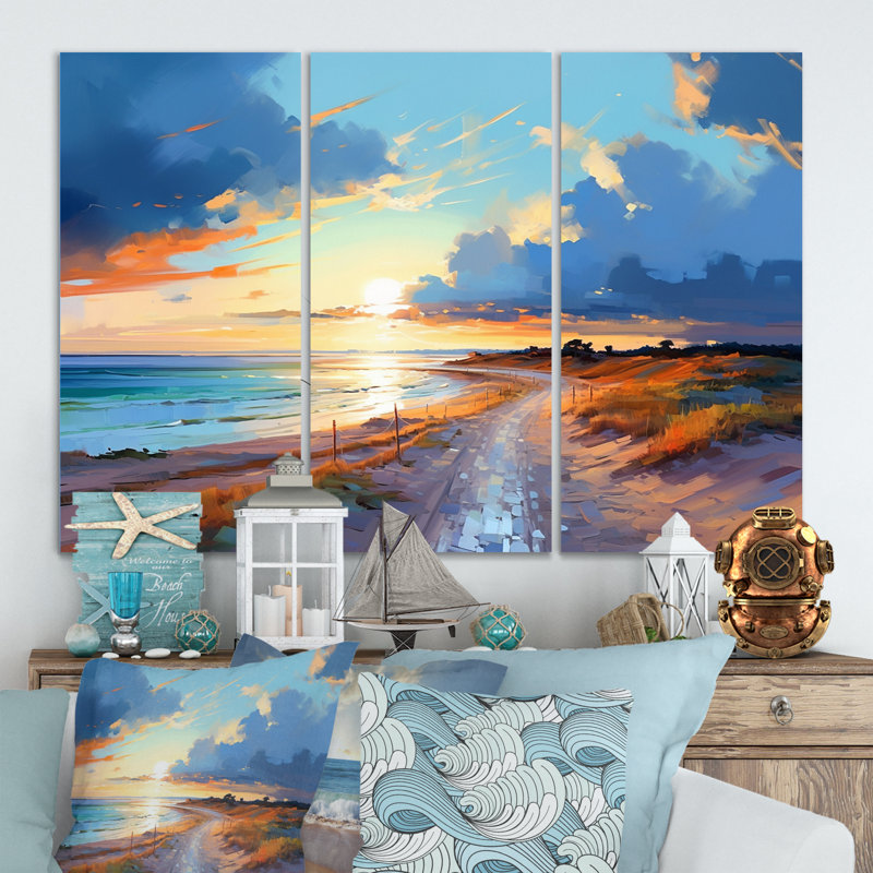 «Beach Road To Majestic Sunset I», reproduction sur toile 3 pièces, H 28 po x l 36 po x P 1 po