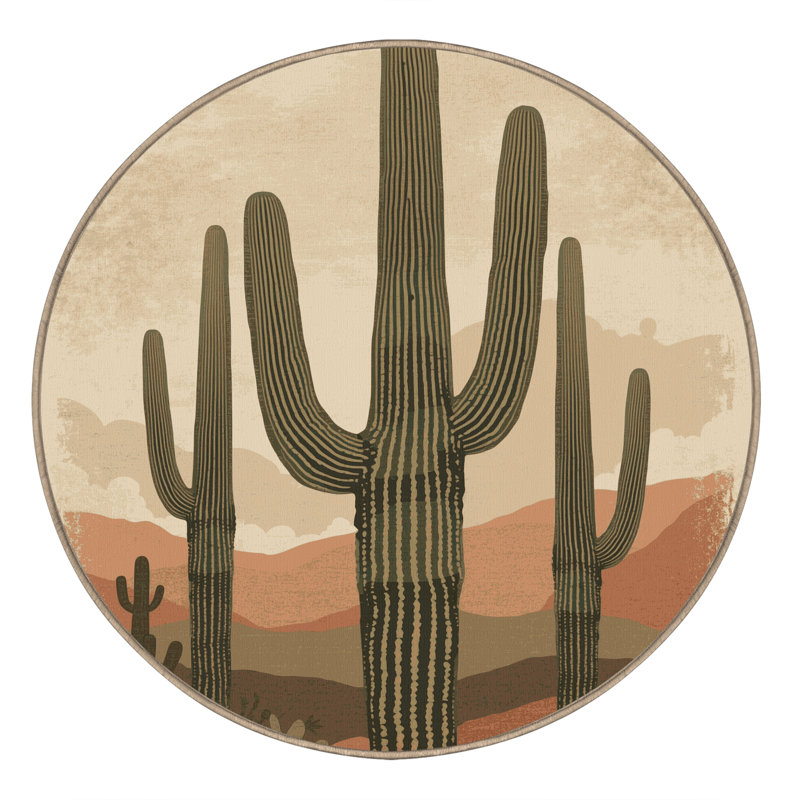 Machine Washable Ortmund Saguaro Country Rustic Vintage Look Rug in Beige – Beige Binding, 5' Round