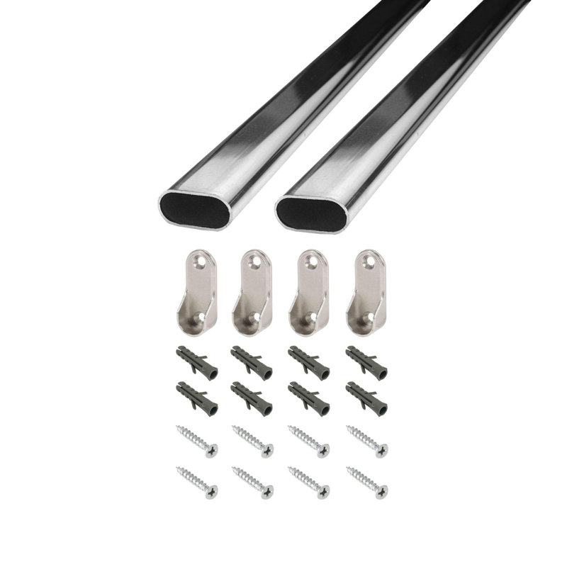 Tringle ovale en acier de 30 po avec supports de suspension, ancrages muraux, vis | Finition chrome poli | Ensemble d'installation complet |  Plastiques (paquet de 2)