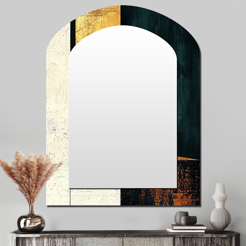 Abstrait doré et émeraude - Perspectives changeantes - miroir mural décoratif moderne en arc, miroir asymétrique moderne, impression d'art en métal