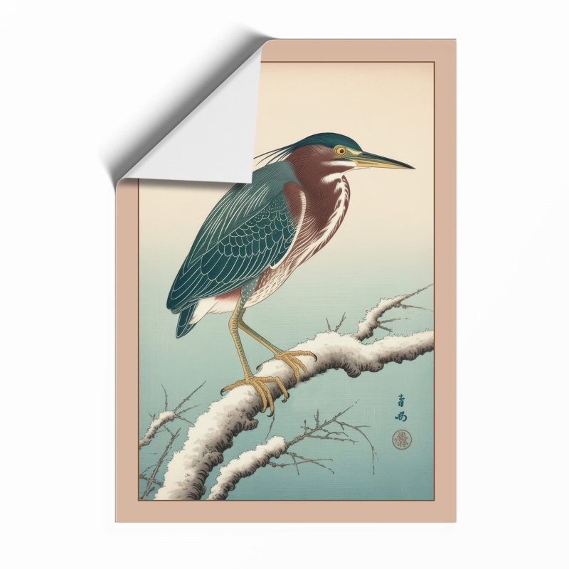 Heron on Branch Japandi - Framed Print, A3 - 42.0 x 29.7 cm, Unframed