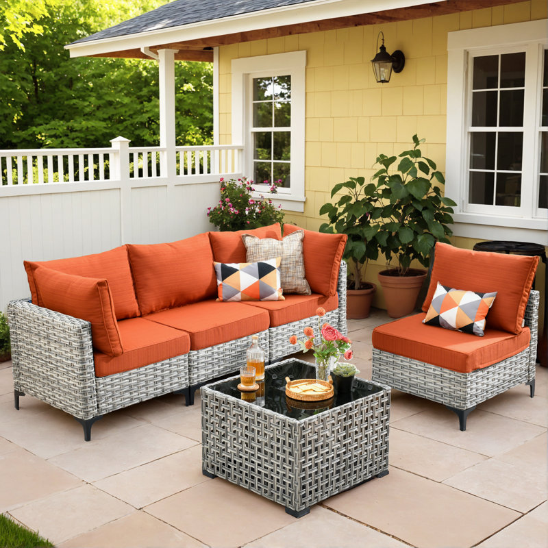 High Density Pe Rattan Woven Outdoor Sofa 5-piece Set With Luminous Coffee Table, Orange