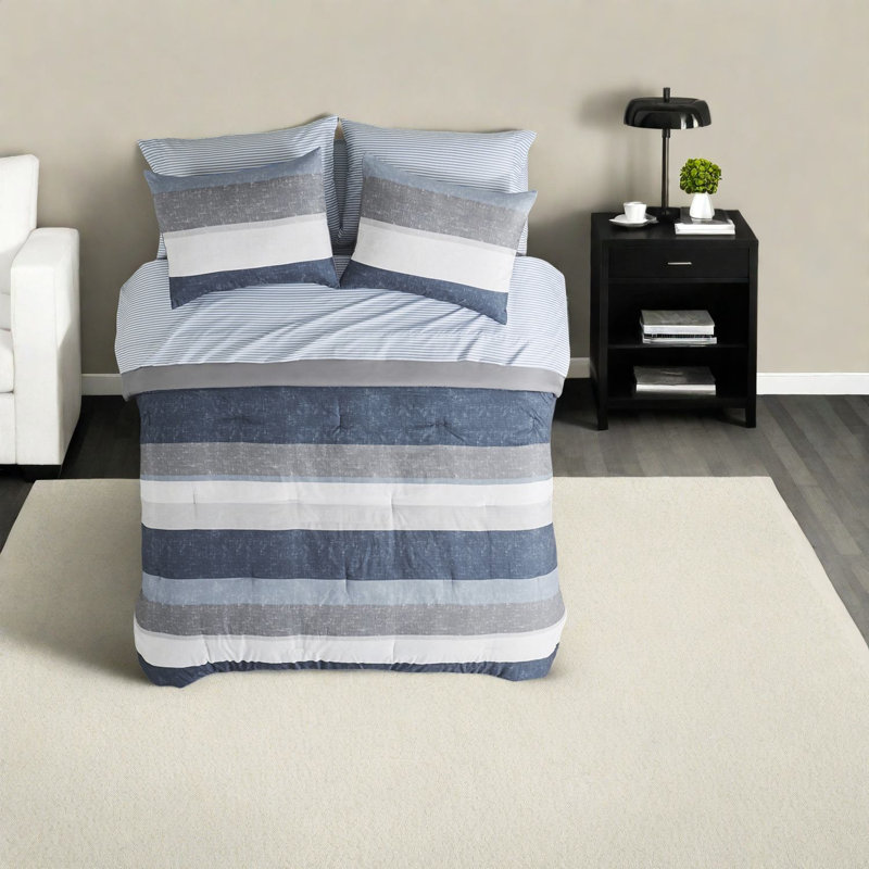 Modern Bedding Sets Polyester Blue Grey Comforter With Full Bed Sheets