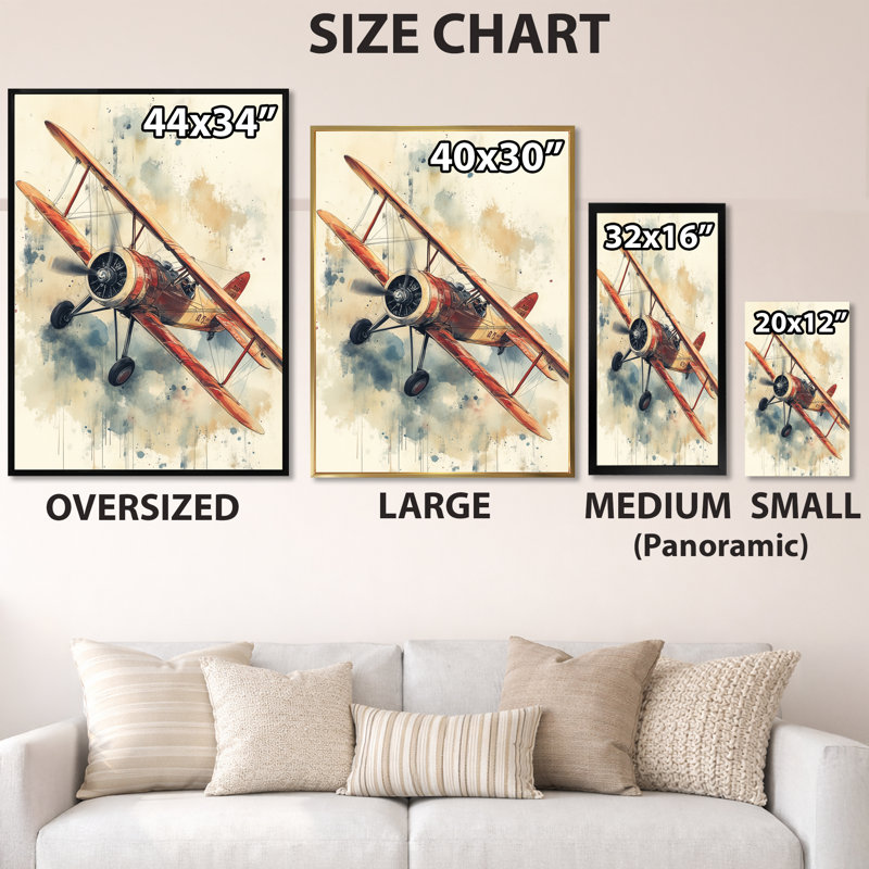 Biplan dans le ciel ouvert - Tableau rétro encadré, 40" H x 30" W, Natural Picture Framed