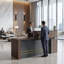 Bureau de réception moderne en noyer avec prises de courant intégrées, tiroir verrouillable et plateau à clavier coulissant pour bureau, comptoir de caisse, réception et service à la clientèle