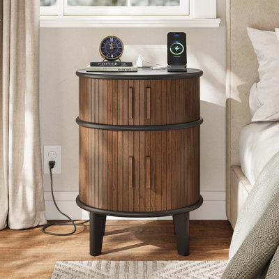 Mid-Century Modern Fluted Round End Table with Charging Station, 2-Tier Wood Nightstand with Storage Cabinet for Bedroom & Living Room