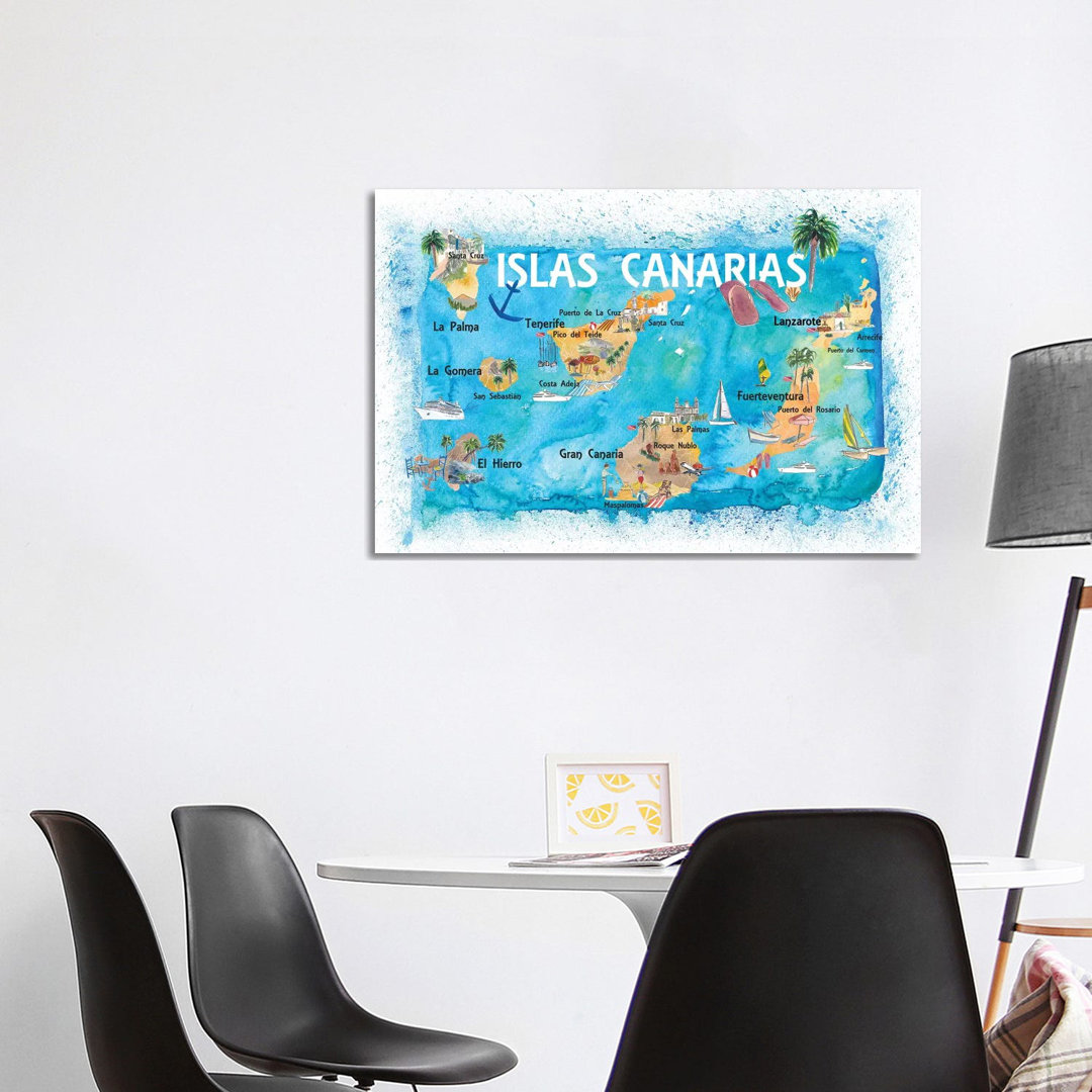 Canary Islands Illustrated Travel Map With Tenerife, Gran Canary, Lanzarote, Fuerteventura La Palma Gomera And Hierro by Markus & Martina Bleichner -
