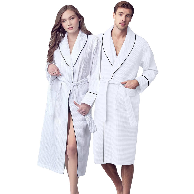 Peignoir mi-mollet en coton gaufré avec poches, Blanc, TG