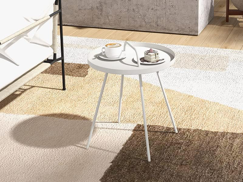 Olilawn Top End Table, Weather Resistant Outdoor Round Coffee Table，Portable Side Table with Handles, White
