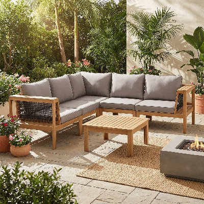 4-Piece L-Shaped Outdoor Conversation Set with Acacia Wood, Woven Mesh Armrests, Coffee Table & Side Table