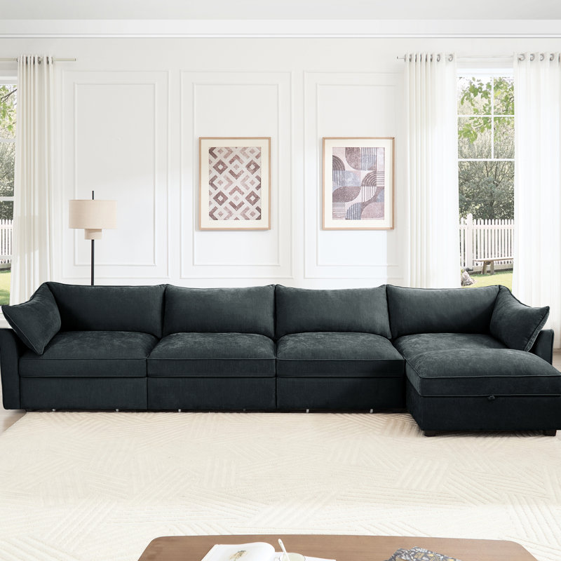 4 coussins en chenille avec configuration en forme de L, rangement mobile et caché et accoudoirs enveloppants, pour un canapé modulaire à 4 places gris moderne, matériau qui crée une ambiance de maison luxueuse