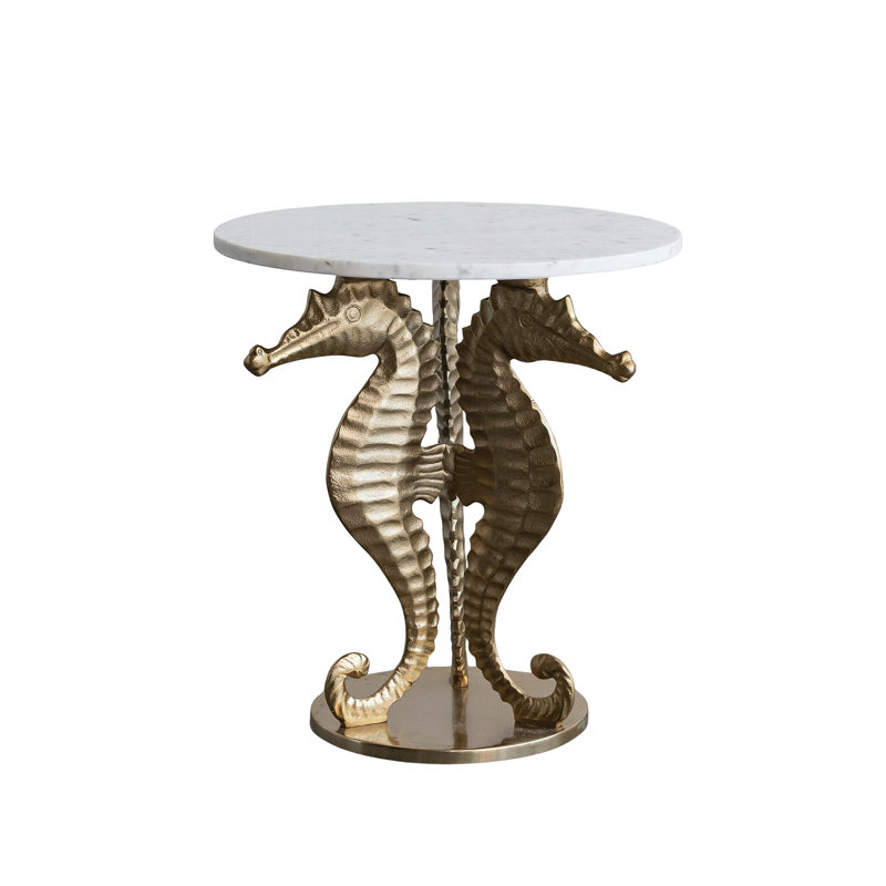 Round Marble Top Table With Cast Aluminum Seahorses Base