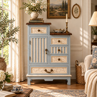 Meuble d'appoint à 5 tiroirs avec porte, commode de rangement asymétrique avec façades de tiroirs sculptées et cannelées