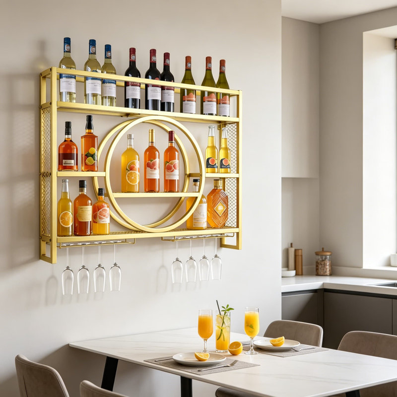 Support à vin mural avec porte-verre - étagère de bar en métal à 3 niveaux pour présentation de bouteilles d'alcool, rangement flottant durable pour bar à domicile, cuisine ou salle à manger