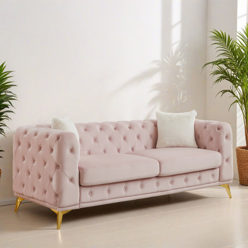Canapé Chesterfield de style moderne l 82,51 po à 3 places et accoudoirs carrés, Rose