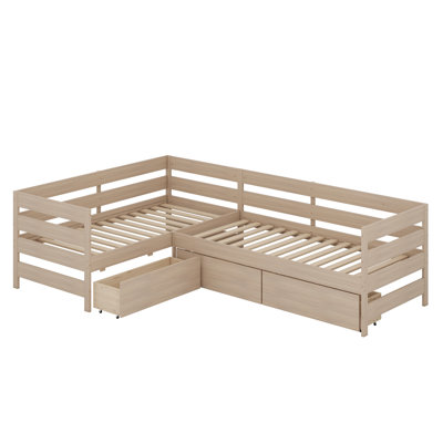 Lit plateforme en L avec trois tiroirs de rangement