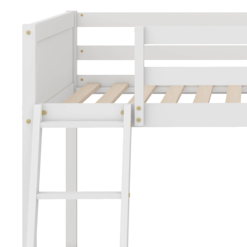 Full Size Wood Low Loft Bed With Ladder And Safety Guardrails, White