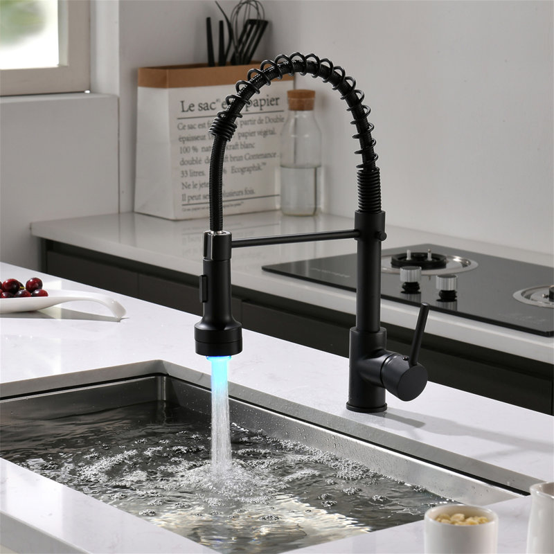 LED Commercial Kitchen Faucet With Pull Down Sprayer, Single Handle Single Lever Kitchen Sink Faucet