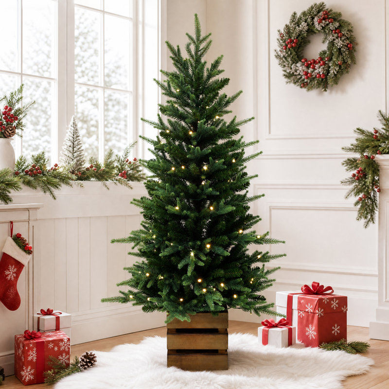 Sapin de Noël artificiel vert foncé de 122 cm (4 pi), pré-illuminé, avec pot en bois et 100 DEL blanc chaud