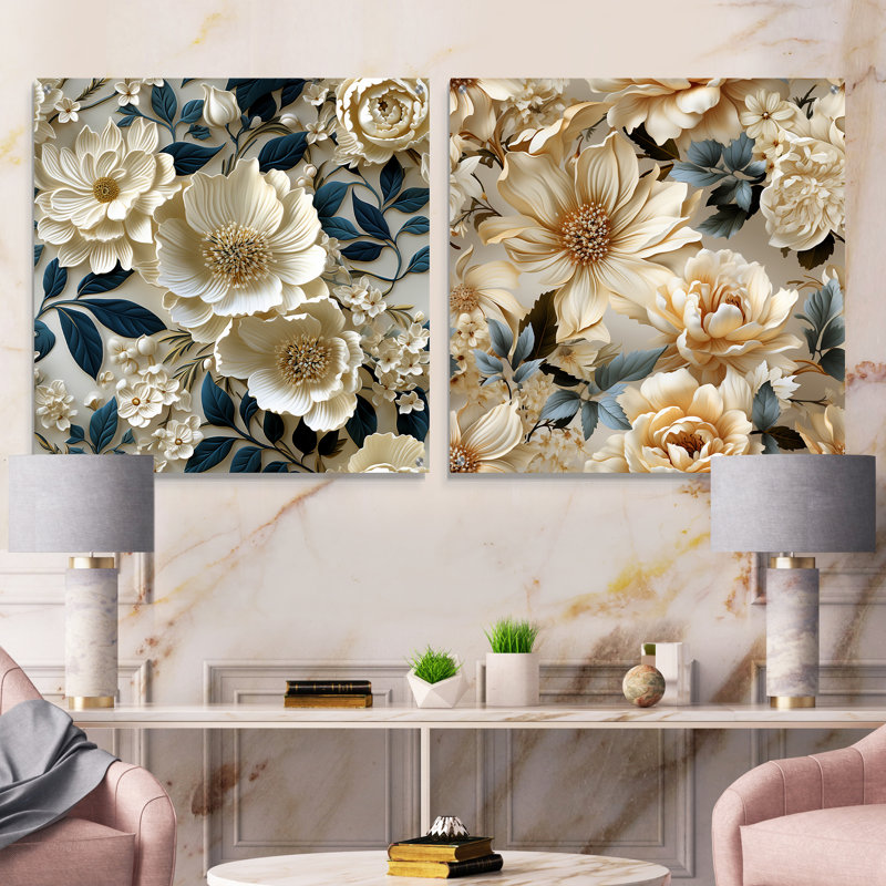 Crème délicate dentelle fleur botanique - ensemble d'acrylique floral sur verre, H 16 po x l 33 po