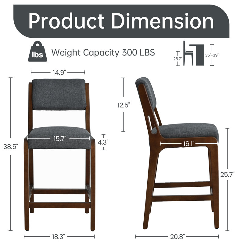 Quick-Assembly Upholstered Counter Height Bar Stools, Gray