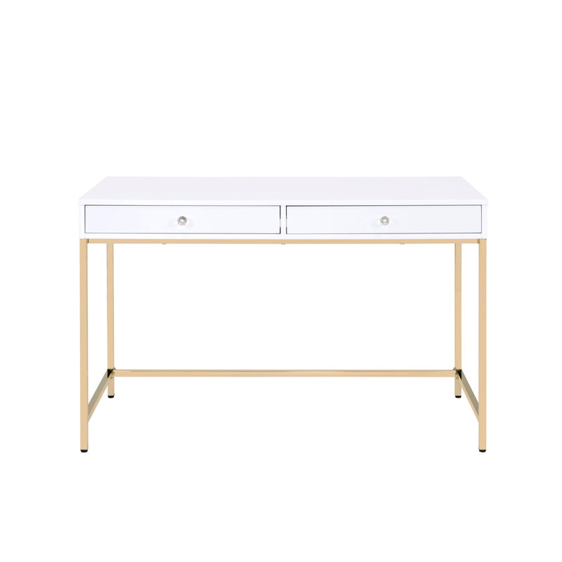 Bureau rectangulaire blanc avec finition brillante et cadre en métal doré avec pieds en bois et 2 compartiments de rangement