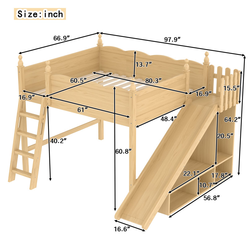 Queen Loft Bed with Storage Shelves & Cabinet, Solid Wood Bed with Detachable Slide & Ladder, No Box Spring, Natural, Natural