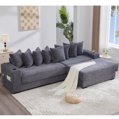 [VIDÉO FOURNIE] Canapé modulaire en L de 110,75 po, canapé modulaire en velours côtelé, avec repose-pieds mobile, porte-gobelets, 8 coussins décoratifs, poche latérale, déplier dans un lit, gris foncé