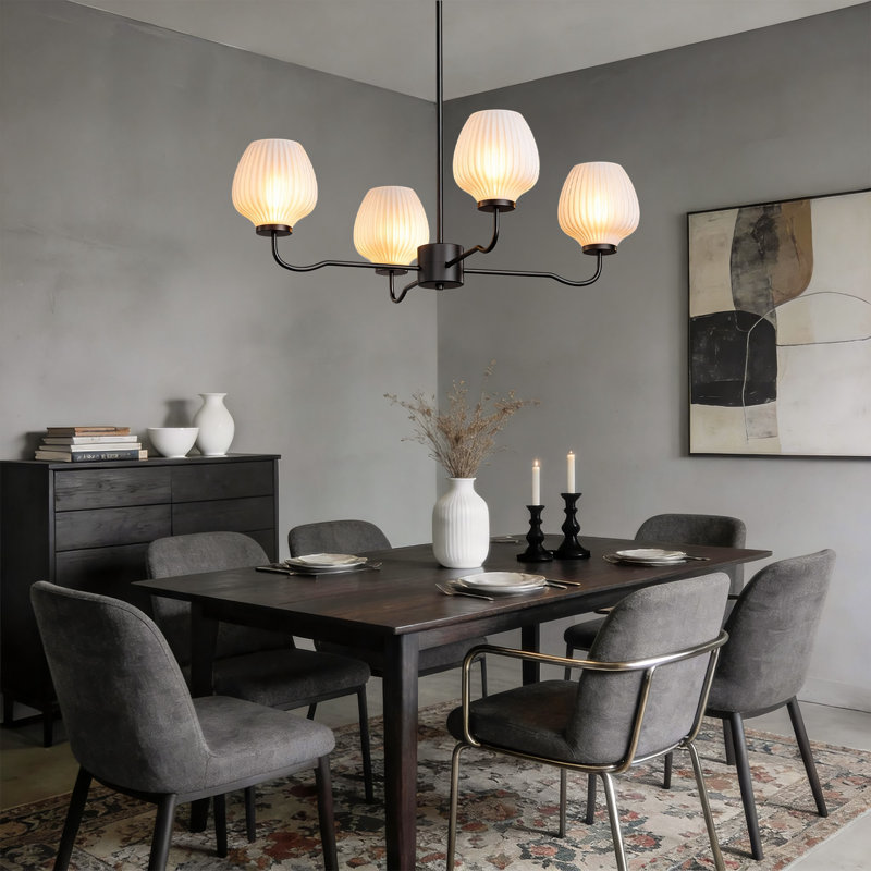 Lustre moderne à 4 lumières de l 30 po avec abat-jour en verre givré noir pour salle à manger ou îlot de cuisine, Noir mat