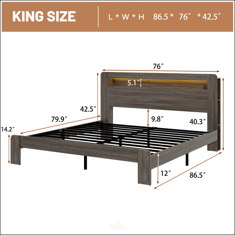 Structure de lit plateforme très grand en bois avec rangement, tête de lit à DEL, 2 ports USB, conception silencieuse et assemblage facile, gris foncé