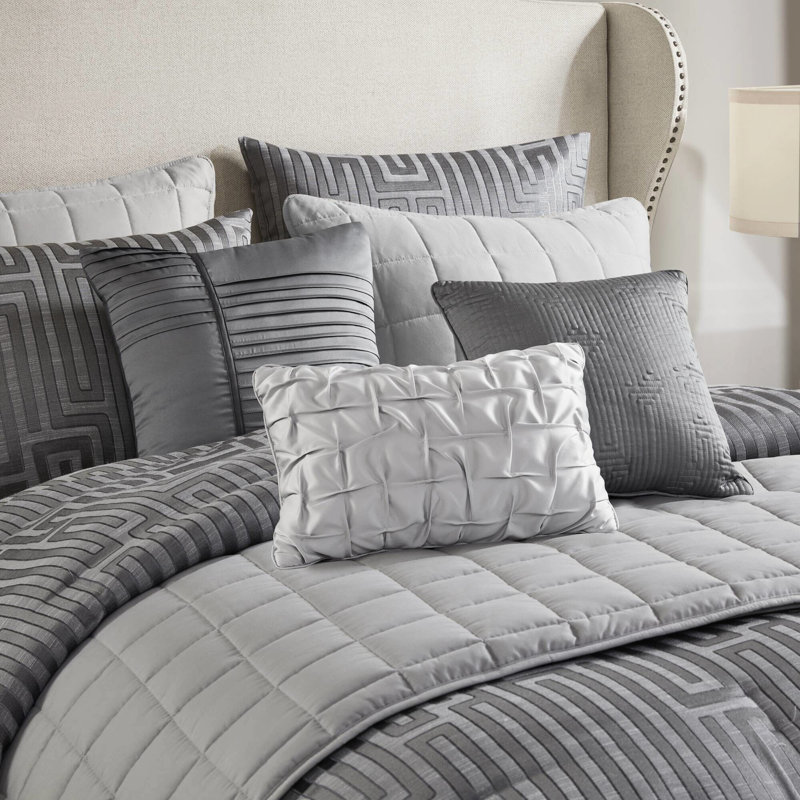 Édredon pour grand lit 10 pièces en gris - Motif géométrique de luxe avec fil métallique, courtepointe et coussins décoratifs avec jupe de lit toutes saisons