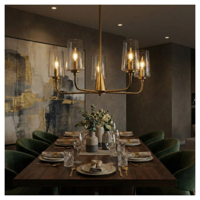 Lustre à cinq lumières Dazzle avec abat-jour en verre bullé transparent au fini laiton satiné
