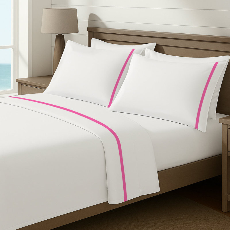 Luxury Border Cotton Sheet Set, Hot Pink/White, Twin XL Fitted Sheet
