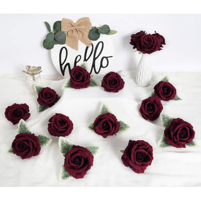 16 pièces de fleurs artificielles bourgogne rose 3,93 po grandes têtes de fleurs de soie en vrac véritable touche de bricolage pour bouquet de mariage bricolage arrangement floral maison fête décorations de jardin