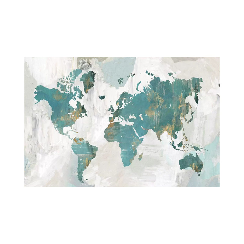 Carte du monde bleu sarcelle par Pamela Collabera - peinture sur toile tendue, H 8 po x l 12 po x P 0,75 po