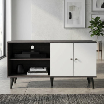 Meuble télé pour téléviseur de 47,3 po ou moins, avec 2 tablettes de rangement et 1 armoire, centre de divertissement moderne pour téléviseur dans le salon en gris foncé et blanc