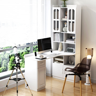 L-Shaped Corner Computer Desk  For Home Office Or Study Desk, Study Modern Style Table With Drawers, Bookshelf & Hutch, 2-In-1 L-Shaped Design, Large Working Space,White