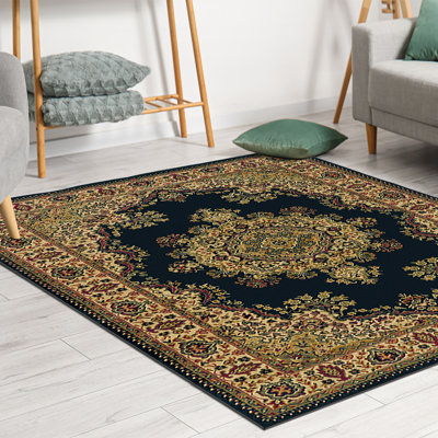 Tapis noir à motif de médaillon oriental traditionnel Columbus