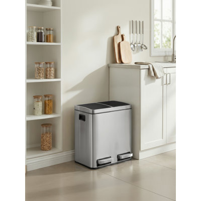 Dual Rubbish Bin 2-Compartment Stainless Steel Recycling Bin with Pedals and Soft Closure Lids 30L (2 x 15L) Silver