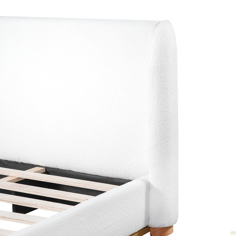 Modern White Bouclé Winged Bed Frame with Enclosed Wood Base,  King Size, Part B