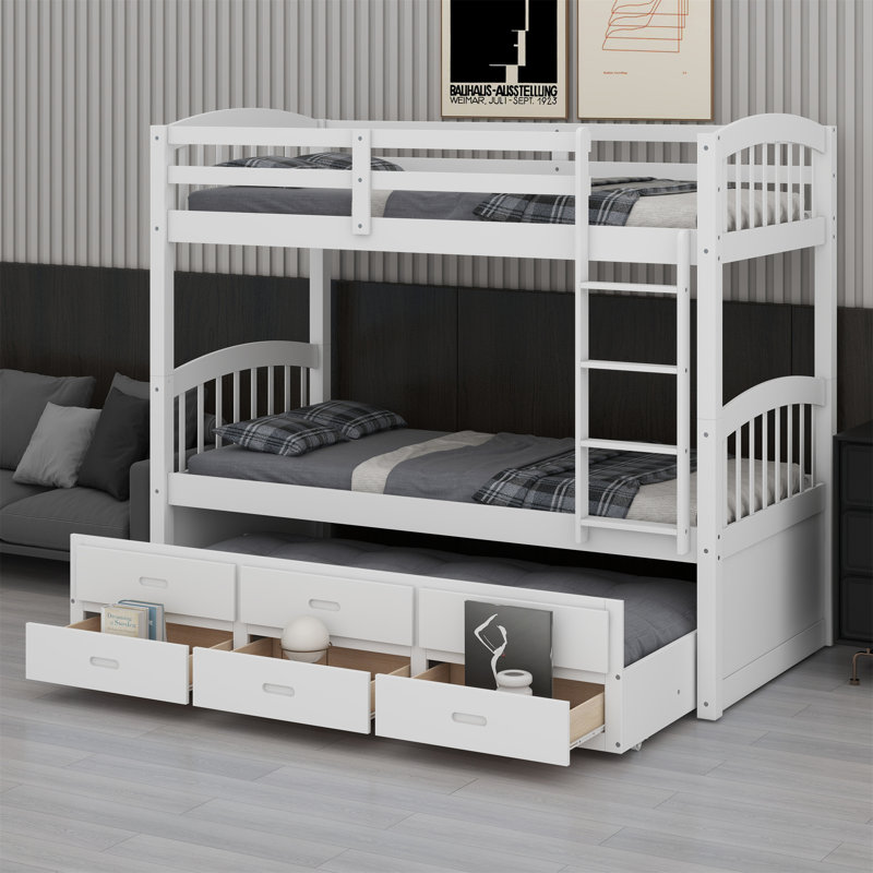 Wood Bunk Bed With Trundle And Drawers, White